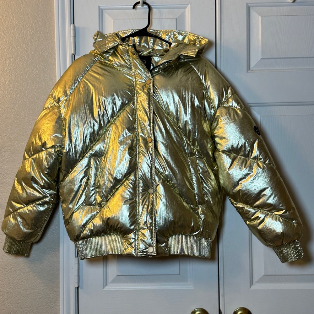 Jayloucy Paris Metallic Gold‎ Womens Size M Puffer Full Zip And Snap Hooded Coat